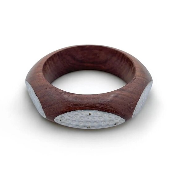Geometric Inlay Wood Bangle with Textured Accents - Modern Bohemian Bracelet - Picture 1 of 2